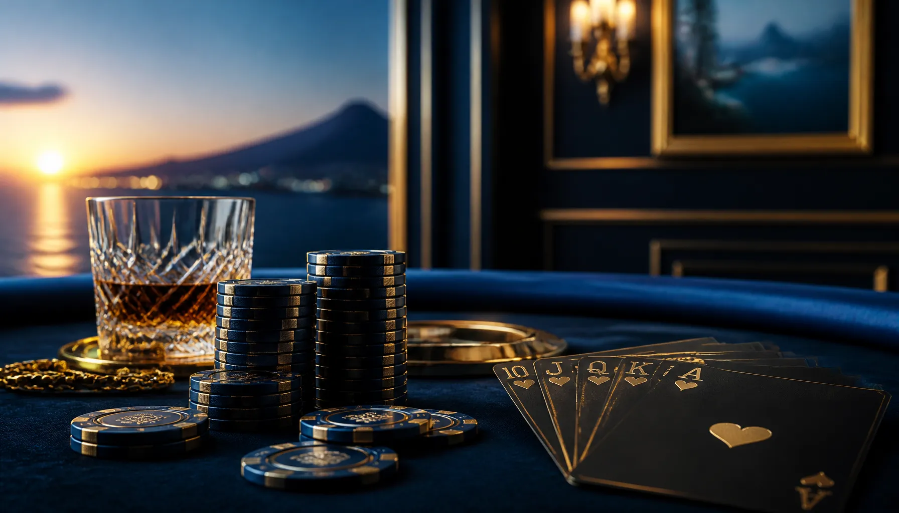 Close-up of gleaming gold casino chips scattered on deep ocean-blue velvet with a dramatic shark silhouette shadow beneath